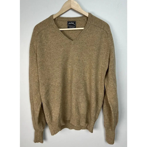 Vintage Puritan 100% Two Ply Lambswool Tan V-Neck Sweater Size XL Men’s - Picture 1 of 6